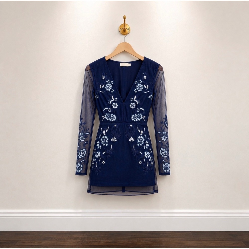 T.J.D. Navy Blue Floral Embroidered Mesh Mini Dress Long Sleeve V-Neck Size S
